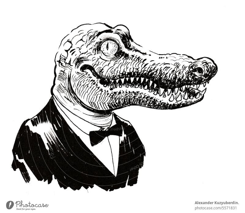 Cooles glückliches Krokodil im Anzug. Tinte schwarz und weiß Illustration Alligator Tier Kunst Kunstwerk Charakter cool Zeichnung sanft Kavalier
