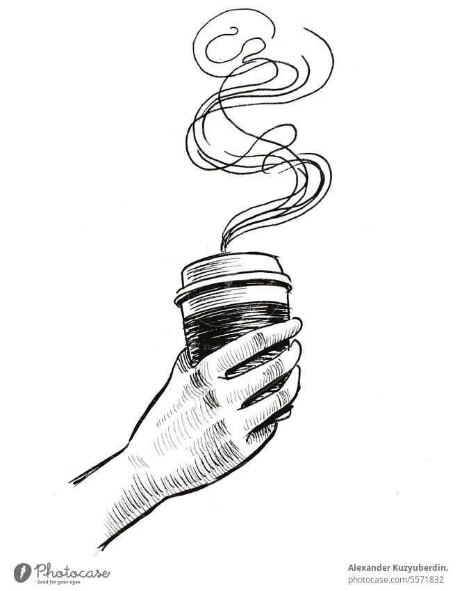 Tuscheskizze einer Hand, die Kaffee in einem Pappbecher hält Hintergrund Getränk schwarz Pause Frühstück Café Koffein Cappuccino Container Tasse Design