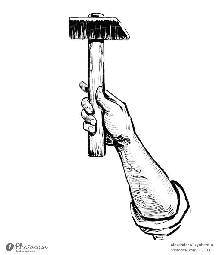 Hand hält einen Hammer. Tinte schwarz und weiß Illustration Arme künstlerisch Hintergrund Pause Zeichnung Gravur Gerät Heimwerker aufschlagen Halt