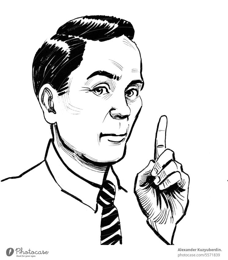 Mann warnt mit einem Finger. Tinte schwarz und weiß Zeichnung wach Aufmerksamkeit Geschäftsmann Karikatur Charakter Clip-Art Mitteilung gestikulieren Hand