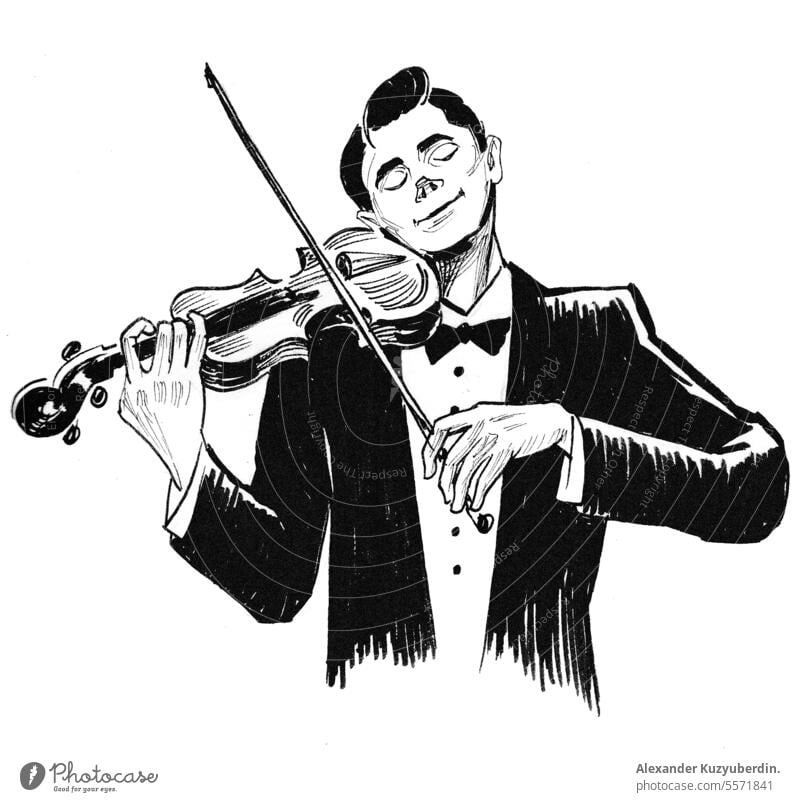 Musiker spielt Geige. Tinte schwarz und weiß Zeichnung Kunst Künstler Kunstwerk Klassik Konzert herumfuchteln Geigerin graphisch Harmonie Instrument vereinzelt