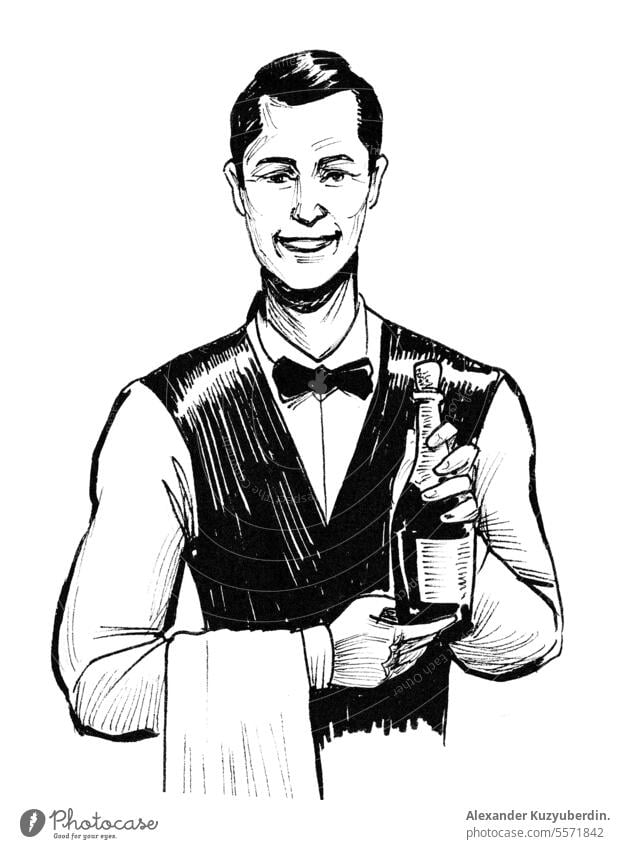 Kellner mit einer Flasche Wein. Tinte schwarz und weiß Zeichnung Alkohol Hintergrund Barmann Barkeeper Getränk Bordeaux-Wein Karikatur Feier Charakter trinken