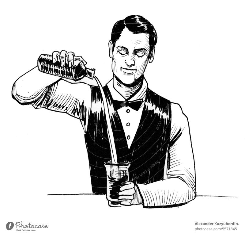 Arbeitende Barmänner. Tinte schwarz und weiß Zeichnung Alkohol Kunst Barkeeper Barmann Getränk Café Karikatur Charakter Club Cocktail trinken Gesicht Glas Typ
