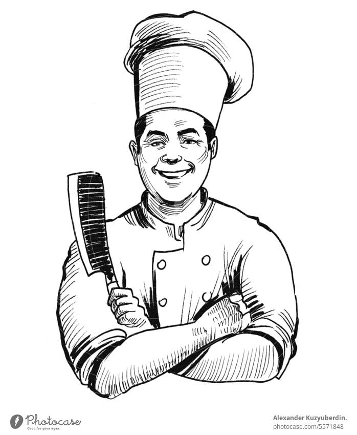Lächelnder Chefkoch mit einem großen Messer. Tinte schwarz und weiß Illustration Kunst Kunstwerk Bäcker Karikatur Charakter Küchenchef Koch niedlich Zeichnung