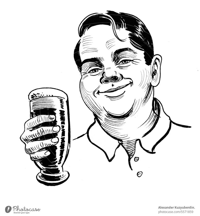 Glücklicher Mann mit einem Krug Bier Alkohol Kunst Bar schwarz Buch Karikatur Comic Zeichnung gezeichnet trinken Gesicht Fett Glas Typ Grafik u. Illustration
