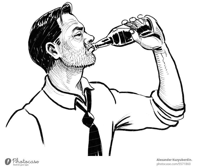 Alkoholabhängiger Mann, der eine Flasche Bier trinkt. Tinte schwarz und weiß Zeichnung alkoholisch Alkoholsucht Hintergrund Karikatur Charakter trinken Spaß