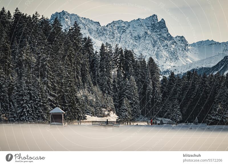 Bergsee im Winter mit Nebel und Bergen im Hintergrund Schweiz Lenzerheide Suisse Alpen Schweizer Alpen Landschaft Berge u. Gebirge Ferien & Urlaub & Reisen