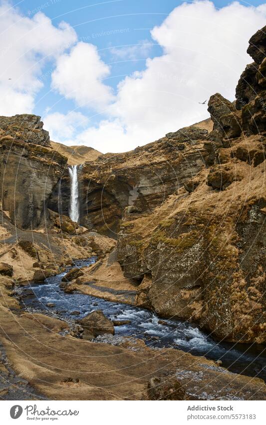 Isländischer Wasserfall und Bach in den Klippen Island strömen Himmel Cloud Kaskade Felsen robust blau fließen Natur im Freien malerisch Wahrzeichen natürlich