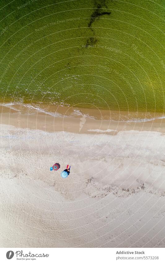 Drohnenaufnahme von anonymen Menschen am Strand von Sardinien Italien Regenschirm Handtuch Sand Ufer Antenne Li Junchi Sommer Urlaub Feiertag Sonnenbad Erholung