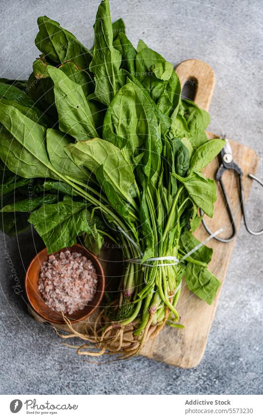 Spinat und Gewürze an Bord Schalen & Schüsseln Holzplatte rustikal frisch grün Blatt Gemüse aromatisch Salatbeilage Gesundheit Bestandteil organisch kulinarisch