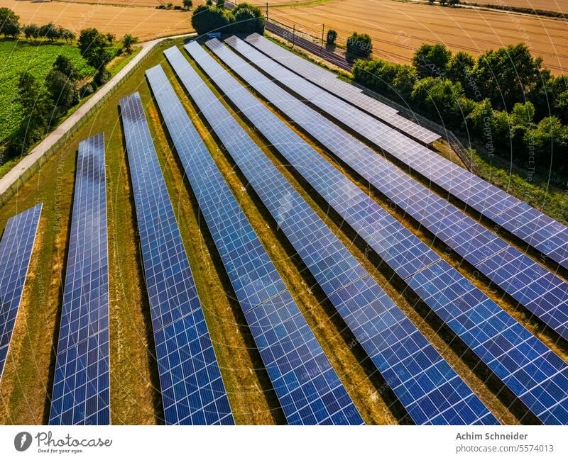 Solarpark mit Solarmodulen in der Landschaft neben einer Bahnlinie Pflanze Deutschland Energie Energieerzeugung Energiewende Feld Klimawandel Licht Lichtenergie
