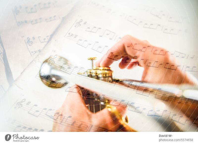 musizieren - Musiker mit Musikinstrument und Noten Trompete Klang Melodie Kunst Kultur Kreativität Künstlerisch Konzert Klassik klassisch Geschick Talent