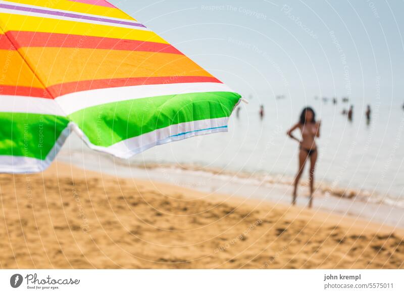 Flatternd fahniges Farbenfest Sonnenschirm bunt Leben Lebensfreude Strand Sandstrand Urlaub Meer Meeresufer Sommerurlaub Erholung Tourismus Küste