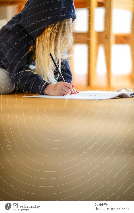 Kind schreibt mit einem Stift in einem Heft lernen schreiben Hausaufgaben Schule Bildung Schulkind Hand anonym Schüler Mädchen Konzentration Wissen Kindheit