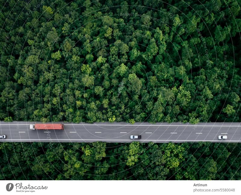 Luftaufnahme eines Autos und eines Lastwagens, die auf einer Autobahn in einem grünen Wald fahren. Nachhaltiger Transport. Drone Ansicht von Wasserstoff-Energie-LKW und Elektrofahrzeug fahren auf Asphalt Straße durch grünen Wald.