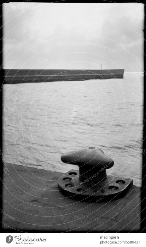 Hafenpoller auf Madeira alt Einsamkeit Schwarzweißfoto Traurigkeit Vergänglichkeit analog analoge fotografie schwarzweiß Schwarzweißfotografie Außenaufnahme
