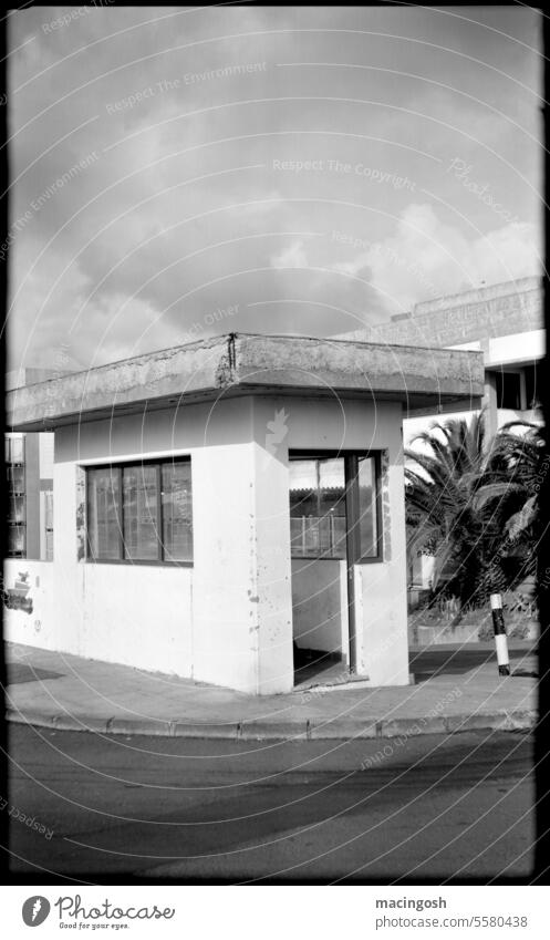 Hafengebäude auf Madeira alt Einsamkeit Schwarzweißfoto Traurigkeit Vergänglichkeit analog analoge fotografie schwarzweiß Schwarzweißfotografie Außenaufnahme
