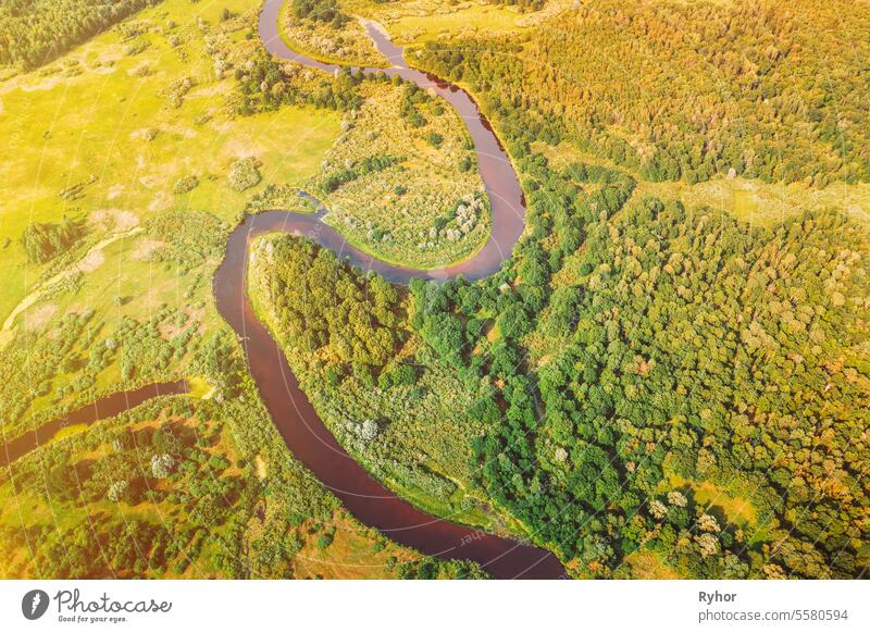 Top View of Beautiful European Nature From High Attitude. Drone Flug Ansicht. Vogelperspektive Ansicht der grünen Wald Wälder in sonnigen Tag. Aerial View Of Summer Curved River Landschaft