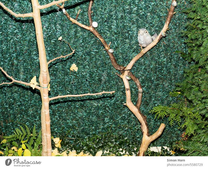 Imitation eines Vogels sitzt auf künstlich arrangierten Ästen vor einer Blätterwand aus Plastik Kulisse Äste und Zweige Tarnung Mimikry Nachahmung Voliere