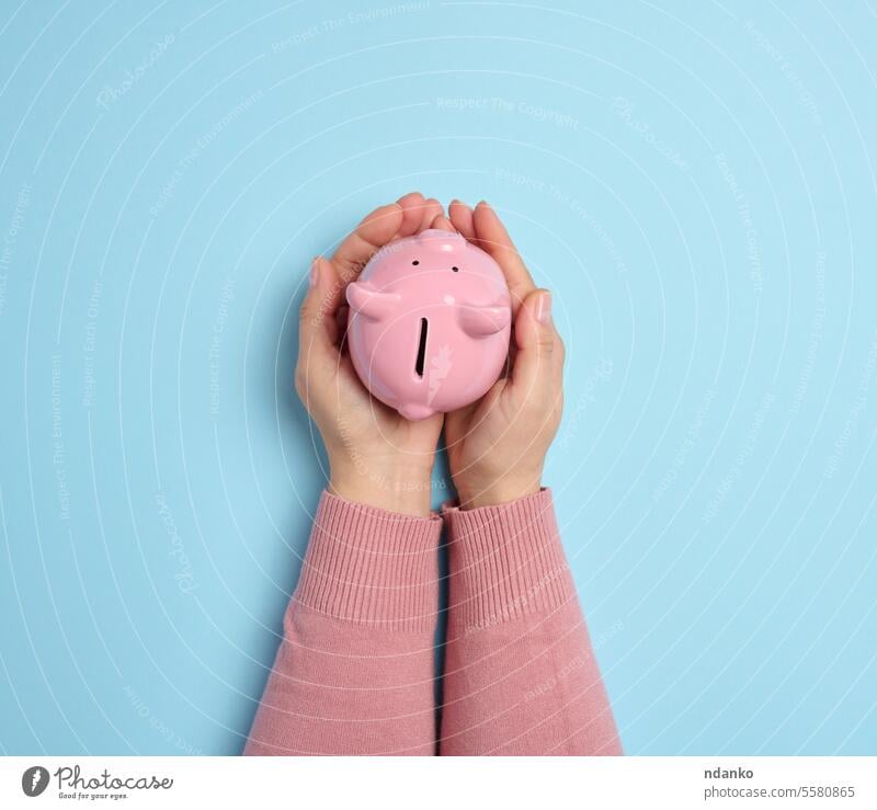 Frauenhände halten ein rosafarbenes Keramiksparschwein vor einem blauen Hintergrund, das das Konzept des Geldsparens symbolisiert Hand Halt Sparschwein