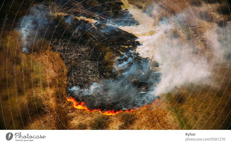 Static Shot Elevated Aerial Drought Bush Fire And Smoke. Wild Op Umwelt Park erwärmen trocknen Flamme Feuerwehrdienst gefährlich Zerstörung Antenne Problematik