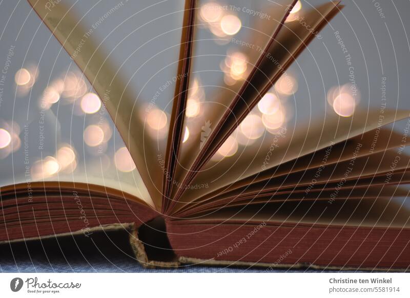 hilfreich | Phantasie Buch offenes Buch Licht Beleuchtung Lichterkette Bokeh Lichter Unschärfe defokussiert funkeln verschwommen Lichtpunkte glänzend leuchten
