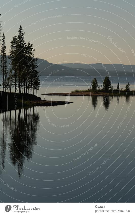 Finnischer See Landschaft Ufer Bäume Spiegelung Reflexion Wasseroberfläche Gewässer Insel Hügel Horizont Reflexion & Spiegelung Idylle Natur Seeufer friedlich