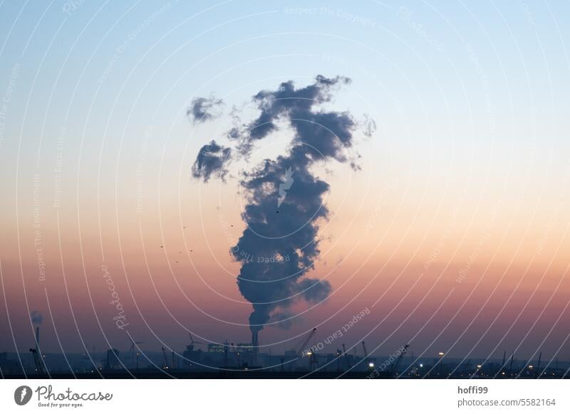 gigantische Abgaswolke über einem Kraftwerk im Abendrot CO2-Ausstoß Emission Wasserdampf Feinstaub dreckig Kohlendioxid Luftverschmutzung Rauch Schornstein