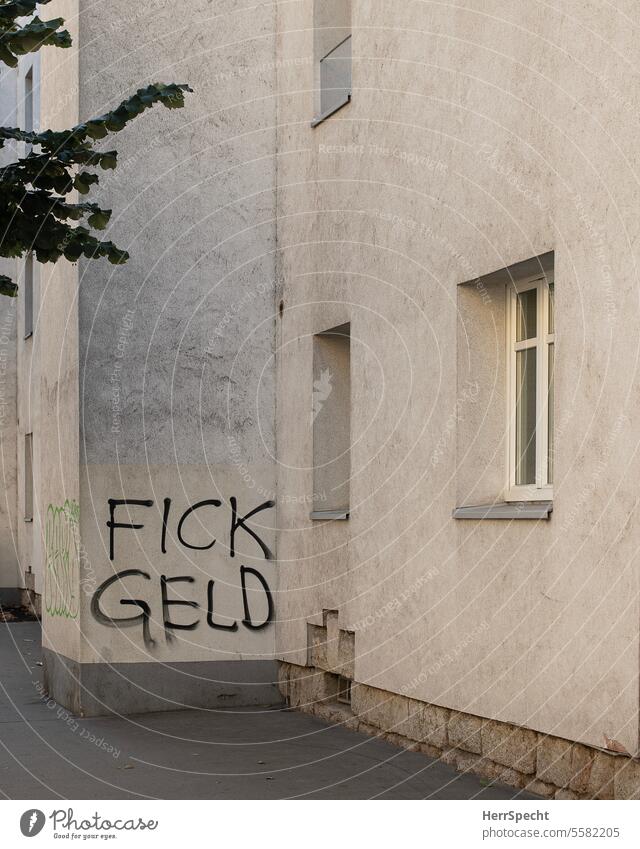 Graffito "Fick Geld" auf Wohnhaus Graffiti Wand Mauer Schriftzeichen Außenaufnahme Menschenleer Fassade Schmiererei Subkultur Jugendkultur trashig Buchstaben