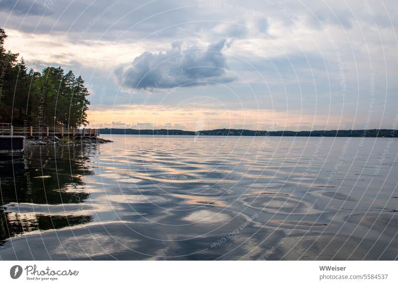 Die Oberfläche des Sees im Abendlicht ist in Bewegung, am Himmel sind schöne Wolken Wasser Sonnenuntergang Licht reflexionen Muster Kreise sanft Ufer Insel