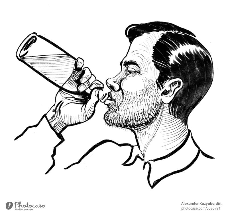 Alkoholabhängiger Mann, der eine Flasche Bier trinkt. Tinte schwarz und weiß Zeichnung alkoholisch Alkoholsucht Hintergrund Karikatur Charakter trinken Spaß