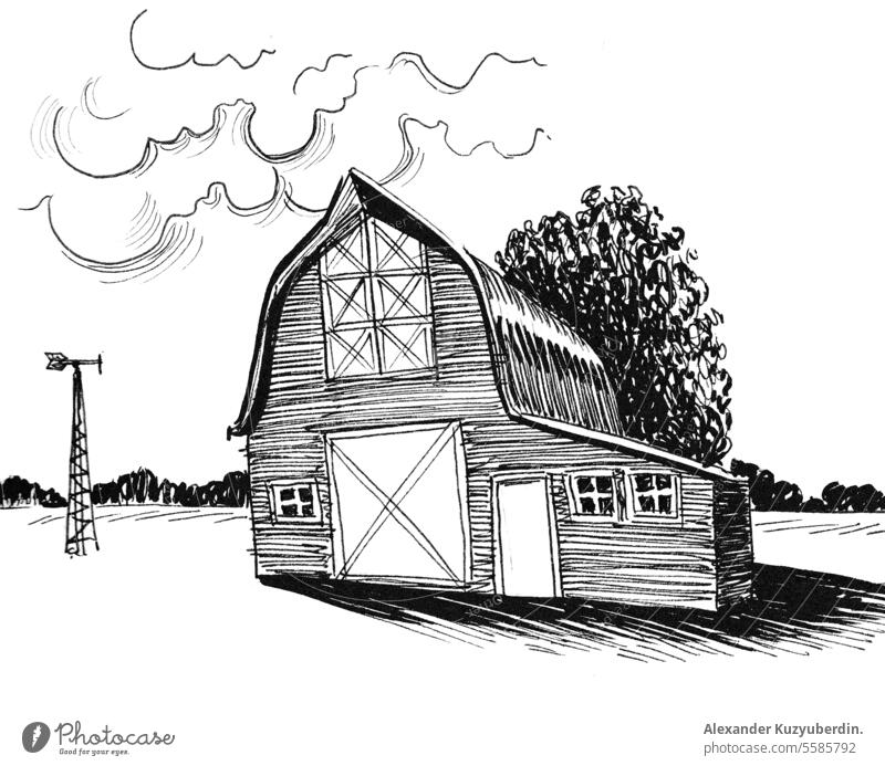 Alte Bauernscheune und Baum. Tinte schwarz und weiß Zeichnung Ackerbau Kunst Hintergrund Scheune Gebäude Karikatur Land Landschaft Design gezeichnet Bauernhof