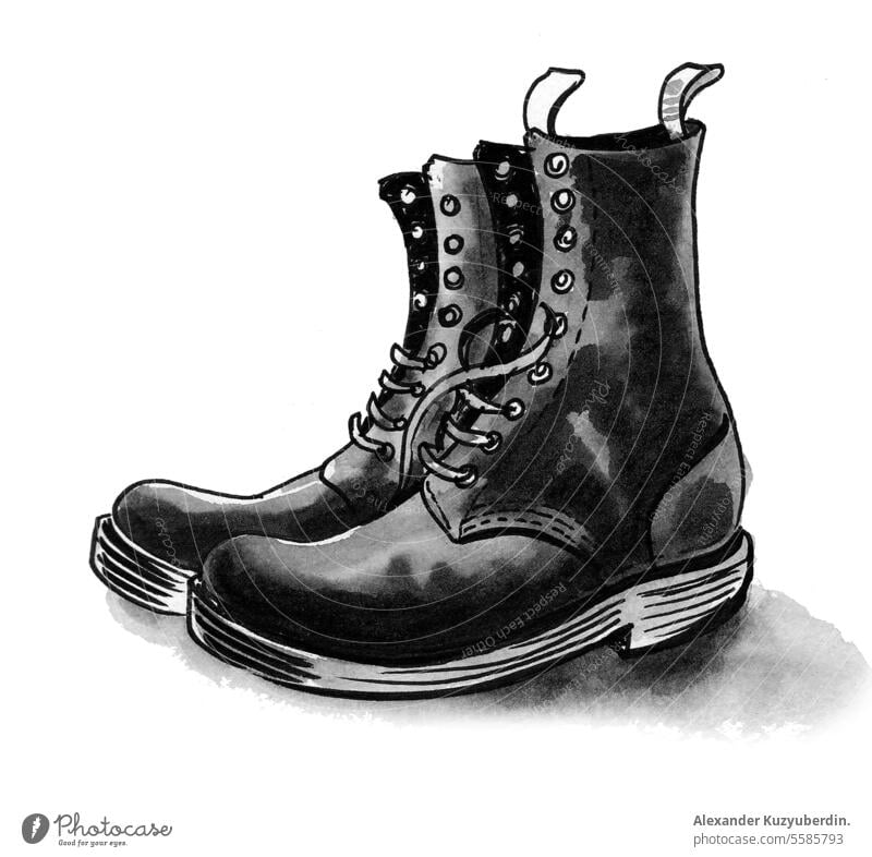 Schwarze Militärstiefel aus Leder. Tinte schwarz und weiß Zeichnung Armee Kunst Hintergrund Stiefel Bekleidung Gefecht Gerät Mode Fuß Schuhe wandern