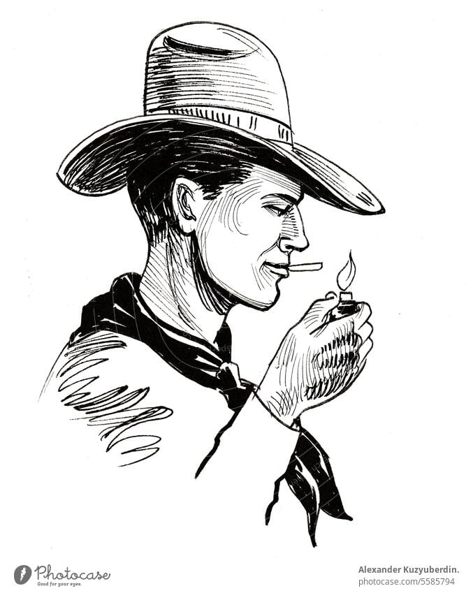 Cowboy mit einer rauchenden Zigarette. Tinte schwarz und weiß Illustration Erwachsener Design Gesicht graphisch menschlich Bild Männer Grundriss Malerei