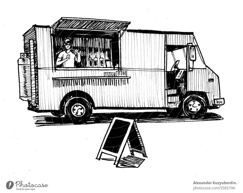 Amerikanischer Imbisswagen. Tusche-Schwarz-Weiß-Zeichnung Automobil Hintergrund Business Café PKW Catering klassisch Kaffee Sahne Versand Design fahren essen