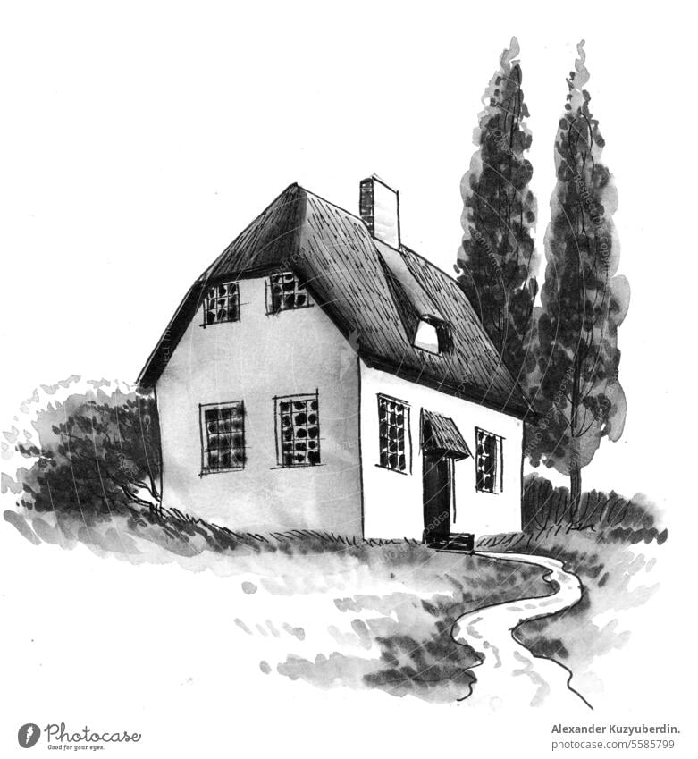 Altes Haus auf dem Lande. Handgezeichnete Schwarz-Weiß-Illustration antik Antiquität Architektur Kunst Hintergrund schwarz Gebäude Zeichnung graviert Gravur
