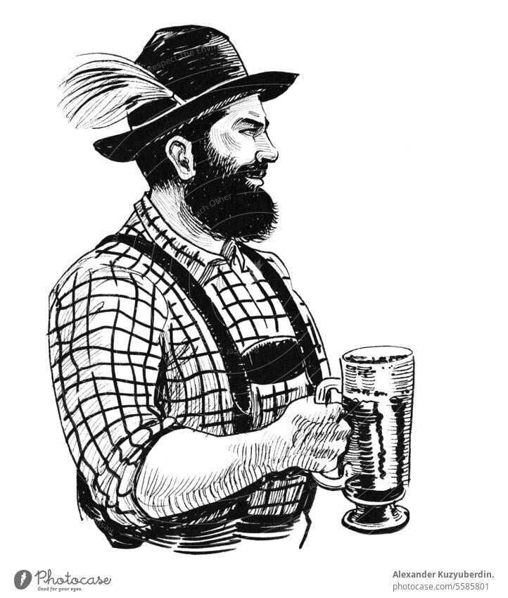 Deutscher Mann mit einem Bierkrug. Tinte schwarz und weiß Zeichnung Alkohol Kunstwerk Hintergrund Bar Bayern bayerisch Bierfest Getränk Brauerei Karikatur