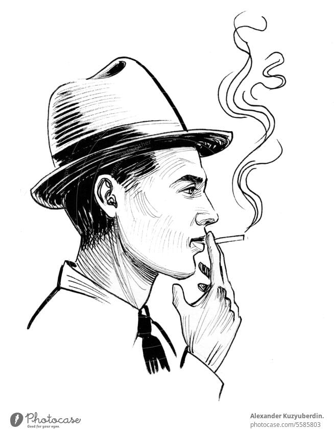 Junger Mann, der einen Marihuana-Joint raucht. Tinte schwarz und weiß Zeichnung Kunst Cannabis Karikatur Charakter niedlich Typ Grafik u. Illustration männlich