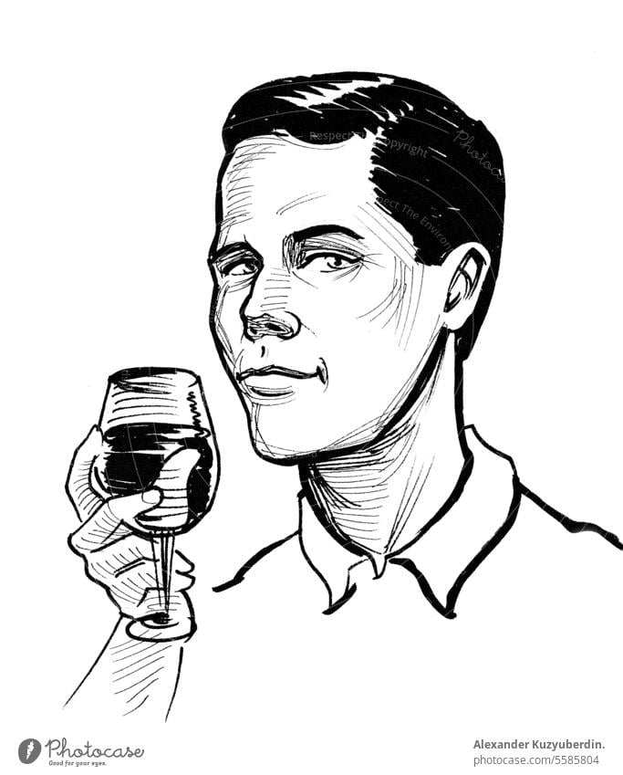Mann hält ein Glas Wein. Tinte schwarz und weiß Illustration Alkohol Kunst Hintergrund Bar Flasche Karikatur Zeichnung trinken Gravur Europäer Brille Hand Glück