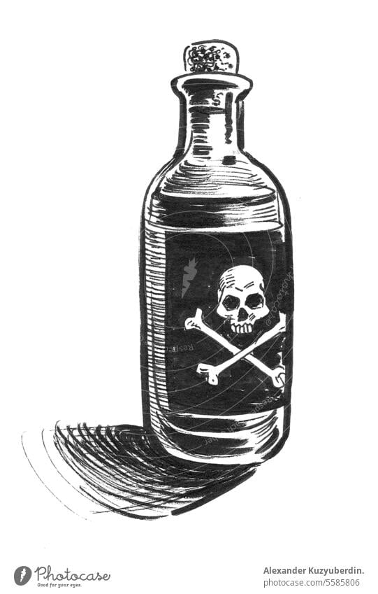 Flasche mit Gift. Tinte schwarz und weiß Zeichnung Kunst Karikatur gefährlich tödlich Tod Grafik u. Illustration liquide Schädel
