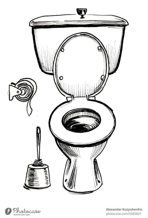Geöffnete Toilette. Tinte schwarz und weiß Illustration Bad Schalen & Schüsseln Keramik Sauberkeit Gerät Toilettenspülung heimwärts Hygiene Innenbereich