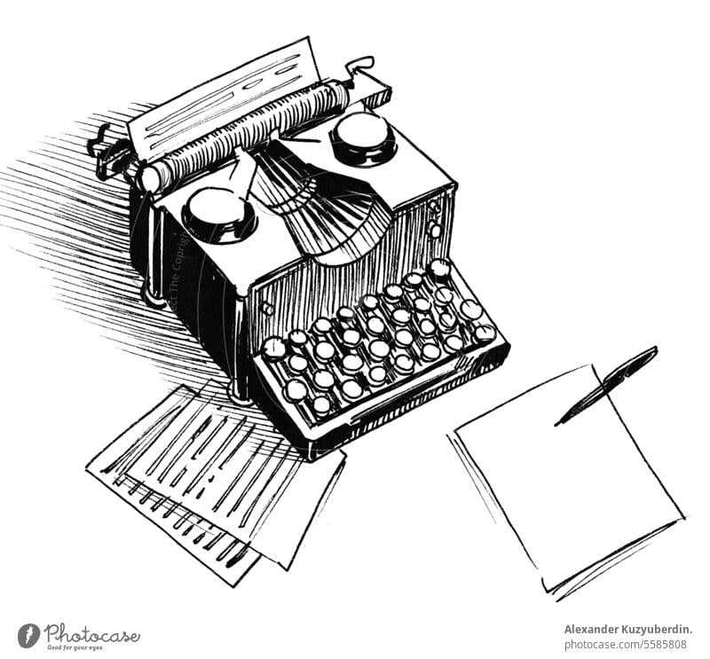Schreibmaschine im Retro-Stil. Tinte schwarz und weiß Zeichnung Antiquität Autor Business Schriftstück Redakteur Gerät Journalismus Keyboard Brief Maschine