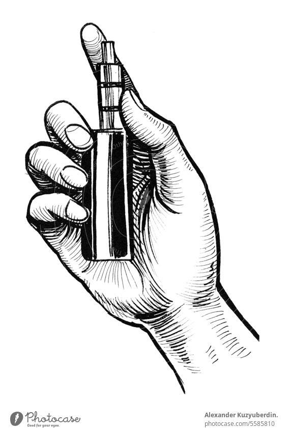 Hand mit Vaping-Gerät. Hand gezeichnete Tinte schwarz und weiß Zeichnung Kunst attraktiv Hintergrund schön Karikatur Zigarette elektronisch Frau Mädchen