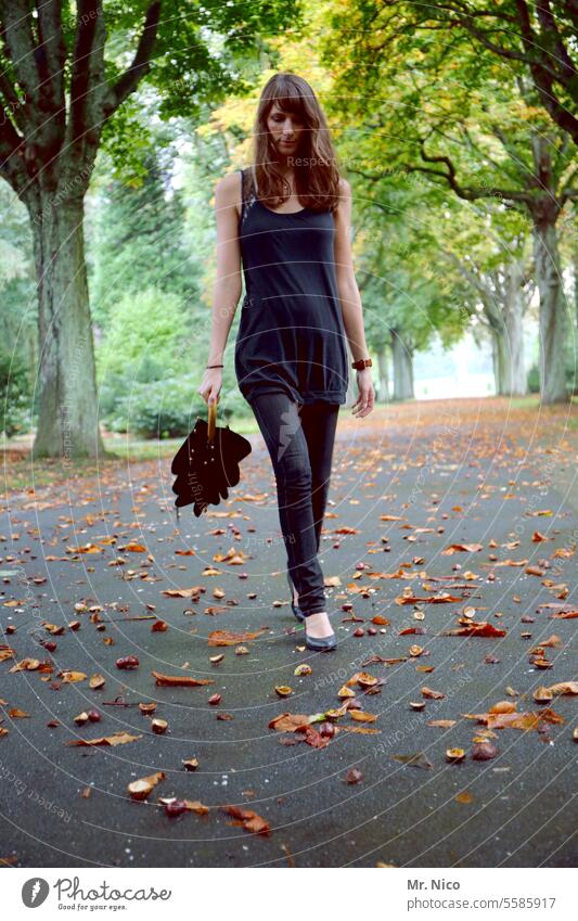 woman spazierengehen herbstlich Herbst Allee Fußgänger Spaziergang Fußweg Erholung Wege & Pfade Park Baum Herbstlaub gesenkter Kopf langhaarig Regenschirm