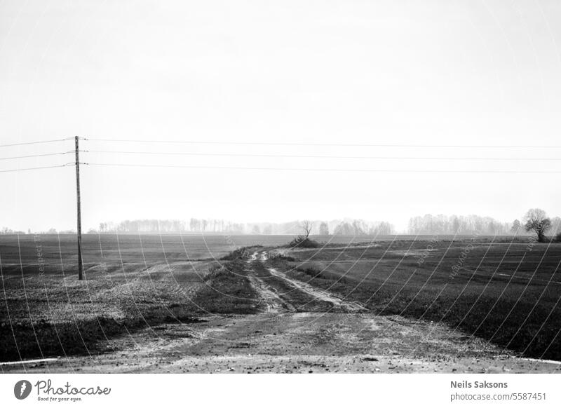 Weg durch das leere Feld unbefestigter Weg schwarz auf weiß landwirtschaftlich Spuren Herbst dumpf dunkel trist Straße Natur ländlich Landschaft Saison