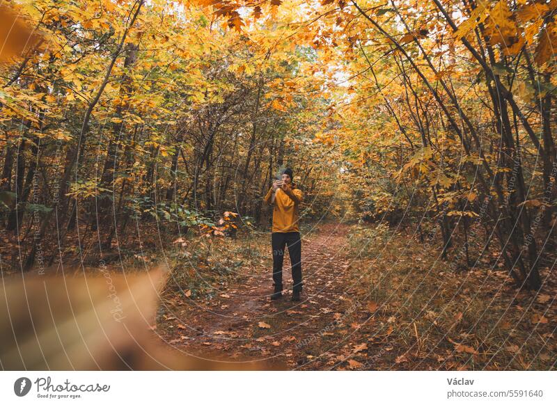Ein 25-jähriger Wanderer macht ein Selfie mit einem bunten Herbstwald im Nationalpark Hoge Kempen in Ostbelgien. Wildnis in Flandern im November