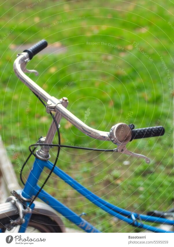 Detailaufnahme eines blauen Damenrads aus den 1970er Jahren mit verchromtem Lenker vor leuchtend grüner Rasenfläche, etwas träumerisch weich (Orton-Effekt)