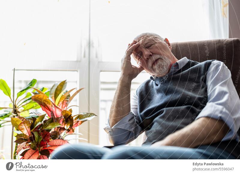 Älterer Mann schläft in einem Sessel zu Hause echte Menschen Senior älterer Erwachsener reif männlich Kaukasier heimwärts alt Alterung häusliches Leben
