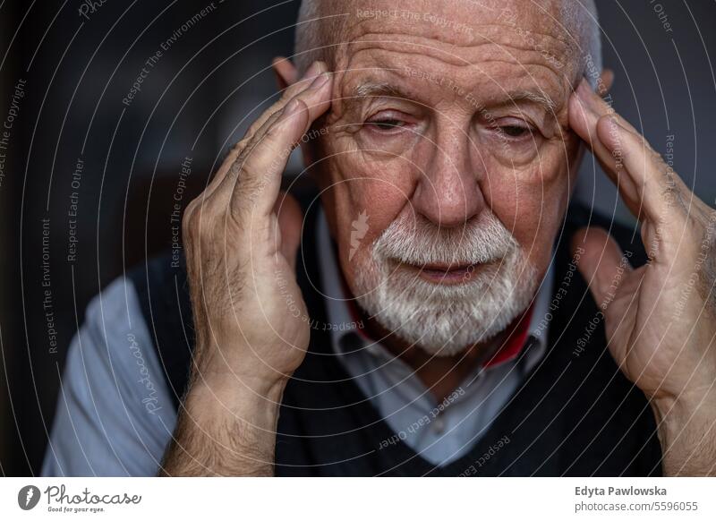 Porträt eines älteren Mannes, der an Kopfschmerzen leidet echte Menschen Senior älterer Erwachsener reif männlich Kaukasier heimwärts Haus alt Alterung
