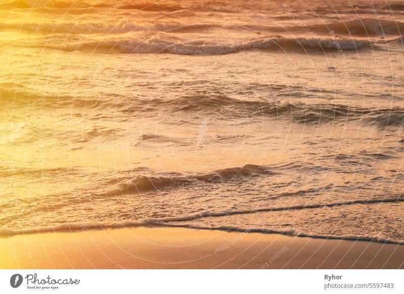 Sonnenuntergang über dem Meer. Riplpe Meer Ozean Wasseroberfläche mit kleinen Wellen. Ozean Wasser Schaum splash Waschen Sandstrand im Freien Ansicht Brandung